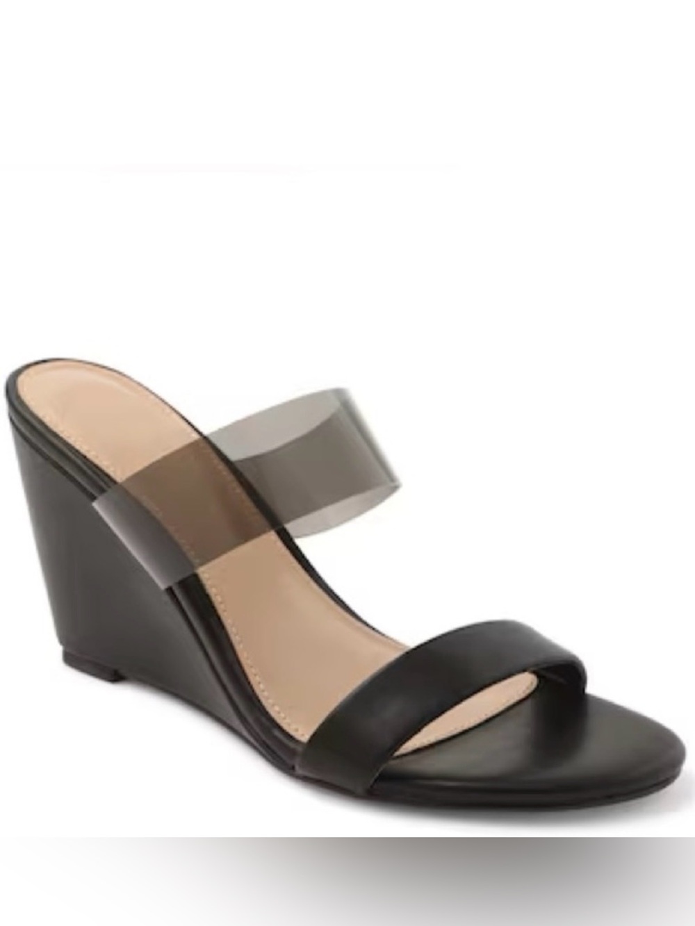 Women’s Black Wedge Slide Sandals with Clear Strap